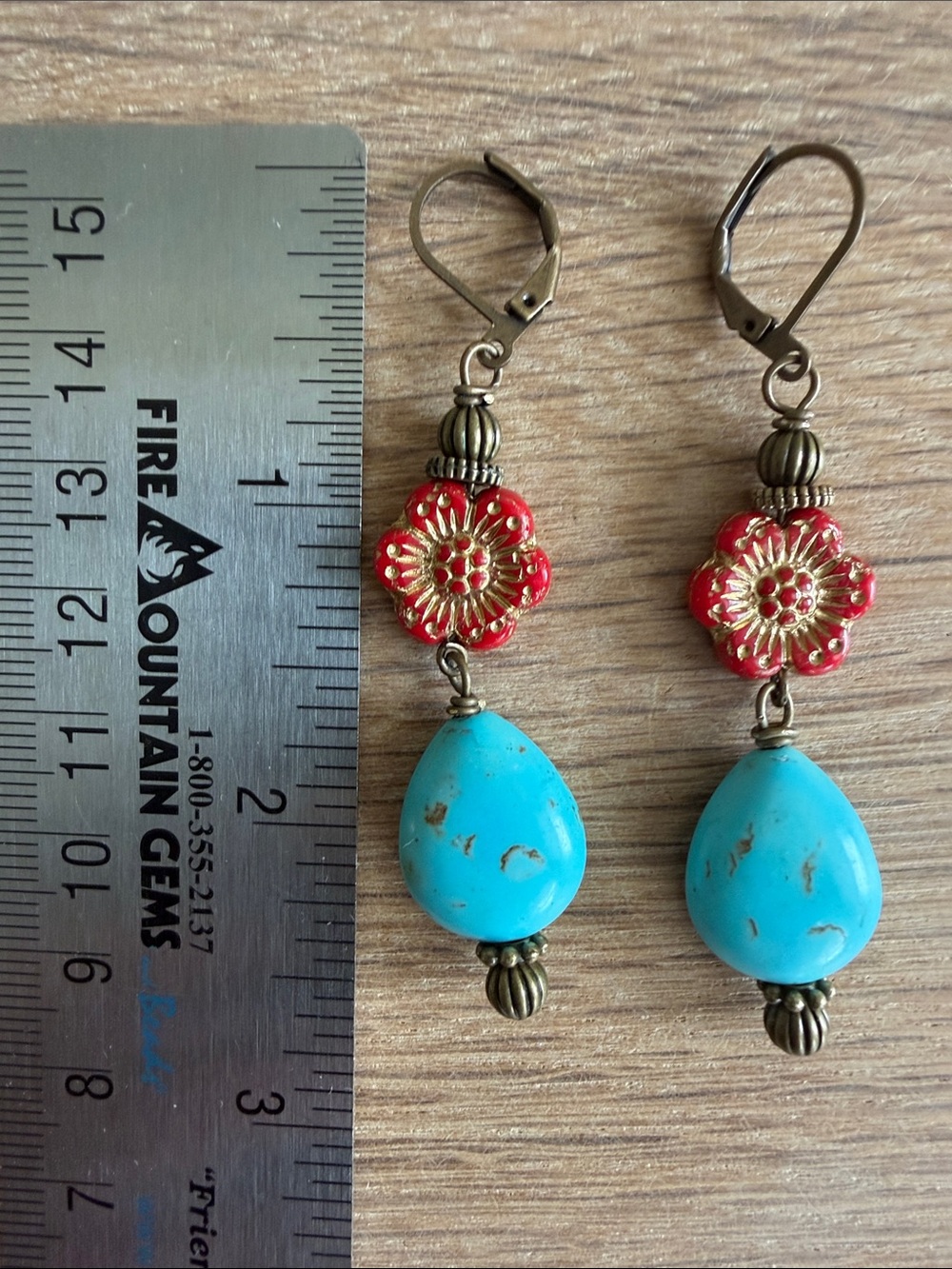 HAND CRAFTED TURQUOISE HOWLITE CZECH GLASS FLOWER DROP EARRINGS Southwestern - Picture 8 of 9